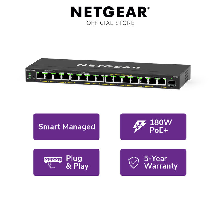 NETGEAR GS316EP 16-Port PoE+ Gigabit Managed Desktop Switch (180W)