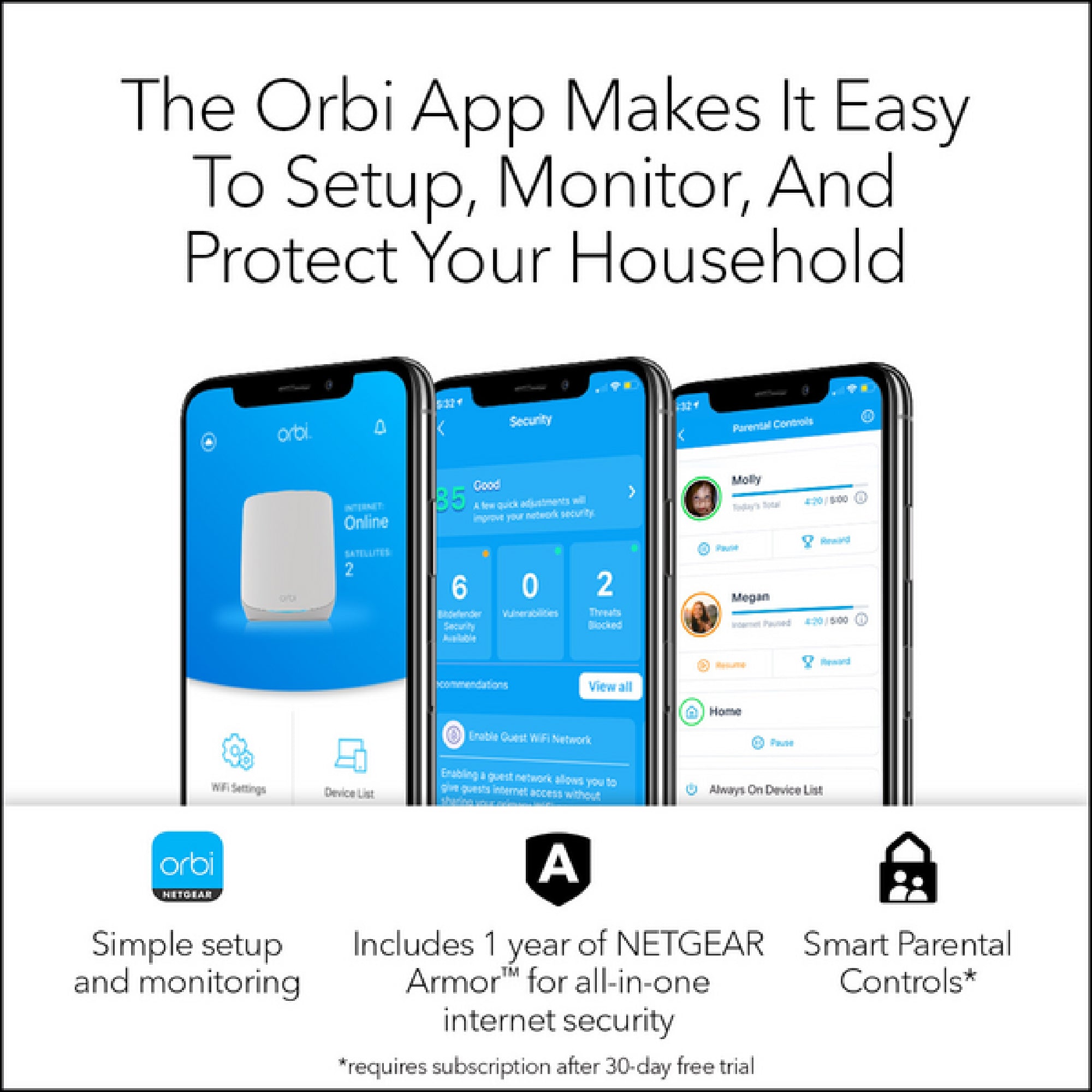 ORBI RBK764S 5.4GBPS TRIBAND 4-PACK WIFI 6 MESH SYSTEM WITH 1-YEAR ARMOR