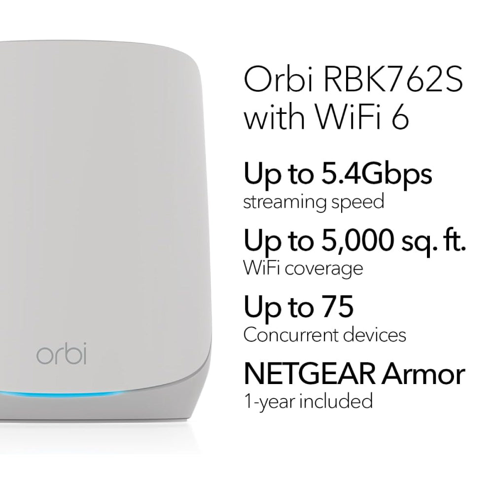 Orbi RBK762S 5.4Gbps Tri-band 2-Pack WiFi 6 Mesh System with 1-Year Armor