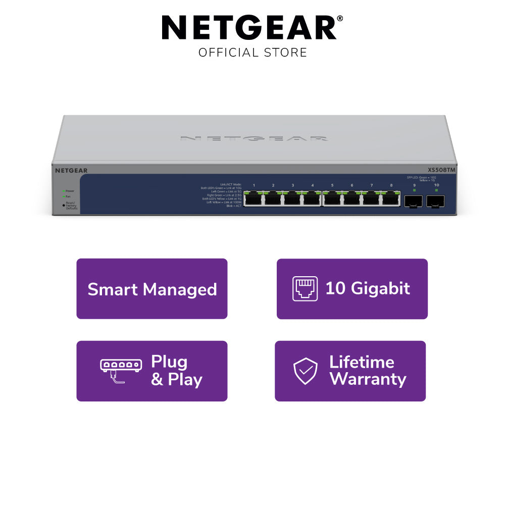 NETGEAR XS508TM 8-Port 10G/Multi-Gigabit Ethernet Smart Switch with 2 10G SFP+ Ports