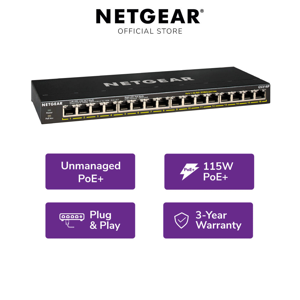 NETGEAR GS316P 16-Port Gigabit Ethernet Unmanaged PoE+ Switch (115W)