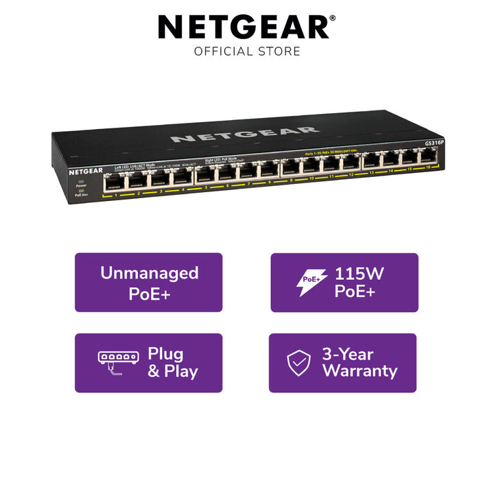 NETGEAR GS316P 16-Port Gigabit Ethernet Unmanaged PoE+ Switch (115W)
