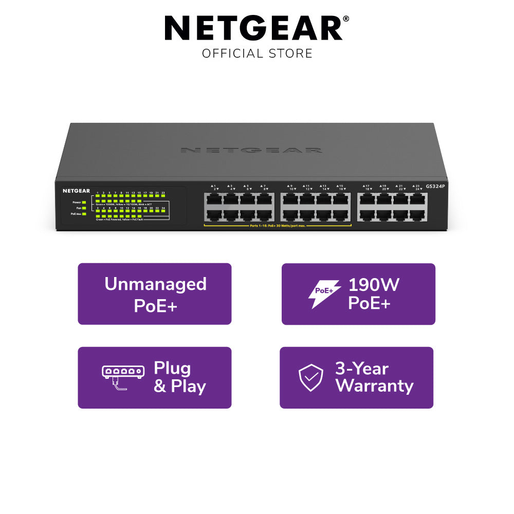 NETGEAR GS324P 24-Port Gigabit Ethernet Unmanaged PoE+ Switch with 16-Ports PoE+ (190W)