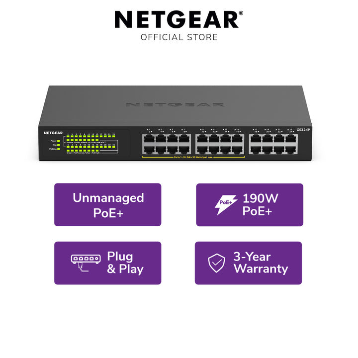 NETGEAR GS324P 24-Port Gigabit Ethernet Unmanaged PoE+ Switch with 16-Ports PoE+ (190W)