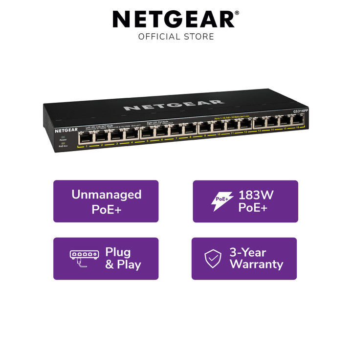 NETGEAR GS316PP 16-Port Gigabit Ethernet Unmanaged PoE+ Switch (183W)