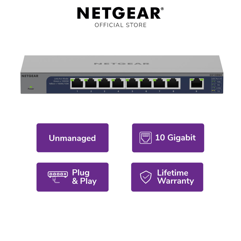 NETGEAR GS108MX 8-Port Gigabit Ethernet Unmanaged Switch with 1 dedicated 10G/Multi-Gig Port