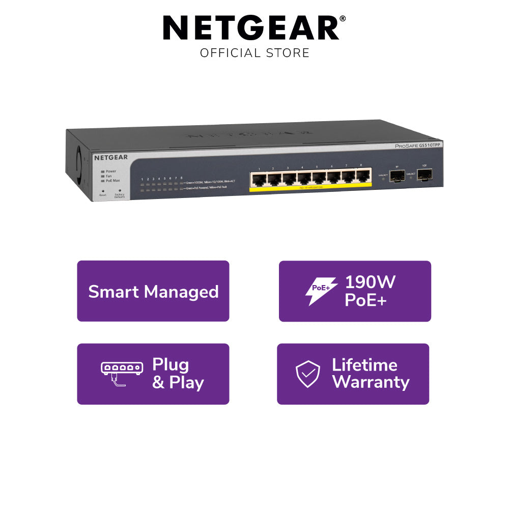 NETGEAR GS510TPP 8-Port Gigabit Ethernet High-Power PoE+ Smart Switch with 2 Dedicated SFP Ports (190W)