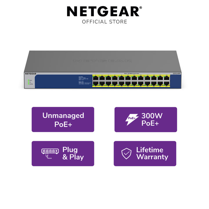 NETGEAR GS524PP 24-Port Gigabit Ethernet PoE+ Unmanaged Switch (300W)