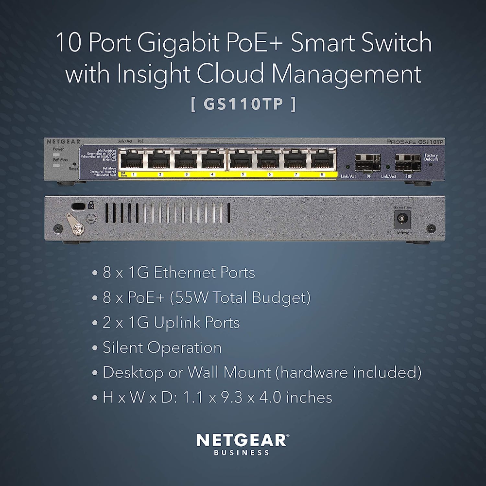 Netgear 8-Port Gigabit PoE+ Ethernet Smart Switch with 2 SFP Ports and Cloud Management (GS110TPv3)