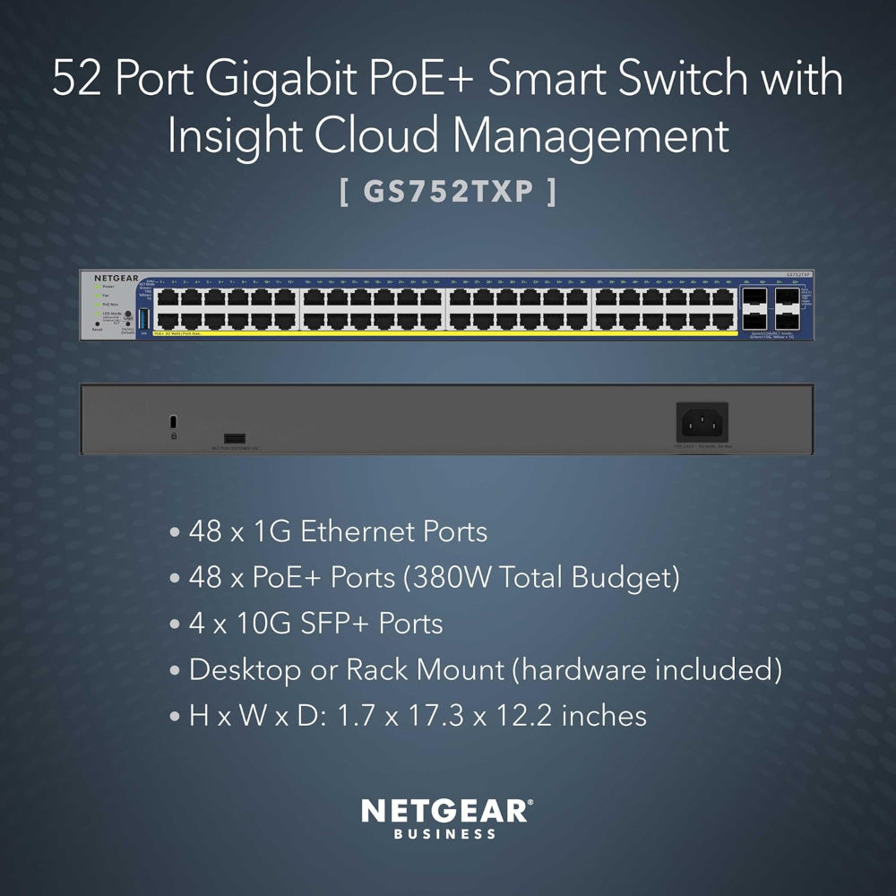 NETGEAR GS752TXPv3 48-Port Gigabit Ethernet PoE+ Smart Switch with 4 SFP+ Ports (380W)