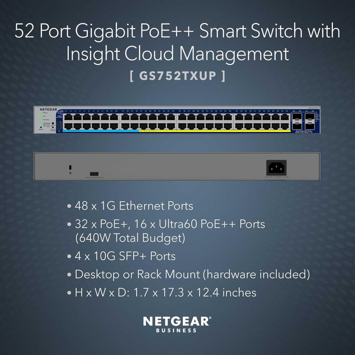 NETGEAR GS752TXUPv3 48-Port Gigabit PoE+ and PoE++ Smart Switch with 4 SFP+ Ports (640W)