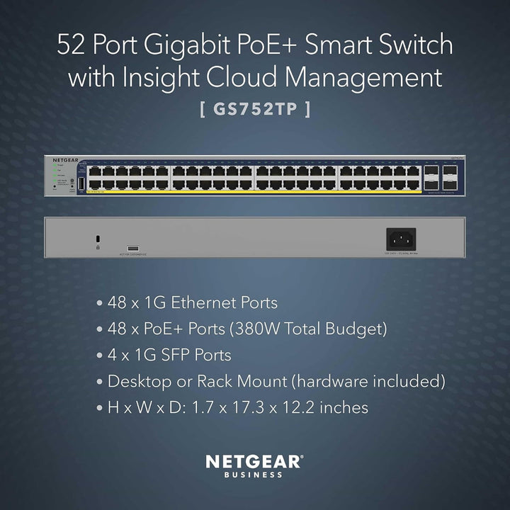 NETGEAR GS752TPv3 48-Port Gigabit PoE+ Smart Switch with 4 SFP Ports (380W)