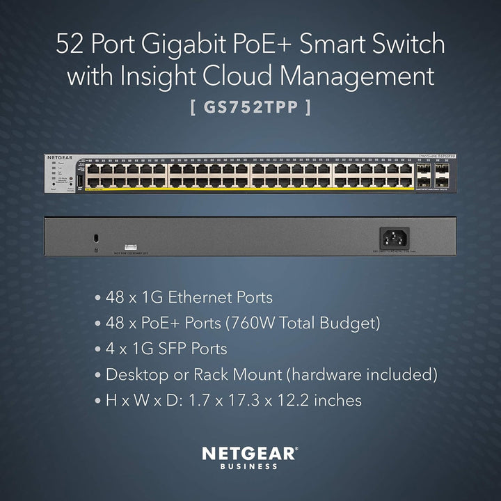 NETGEAR GS752TPPv3 48-Port Gigabit PoE+ Smart Switch with 4 SFP Ports (760W)