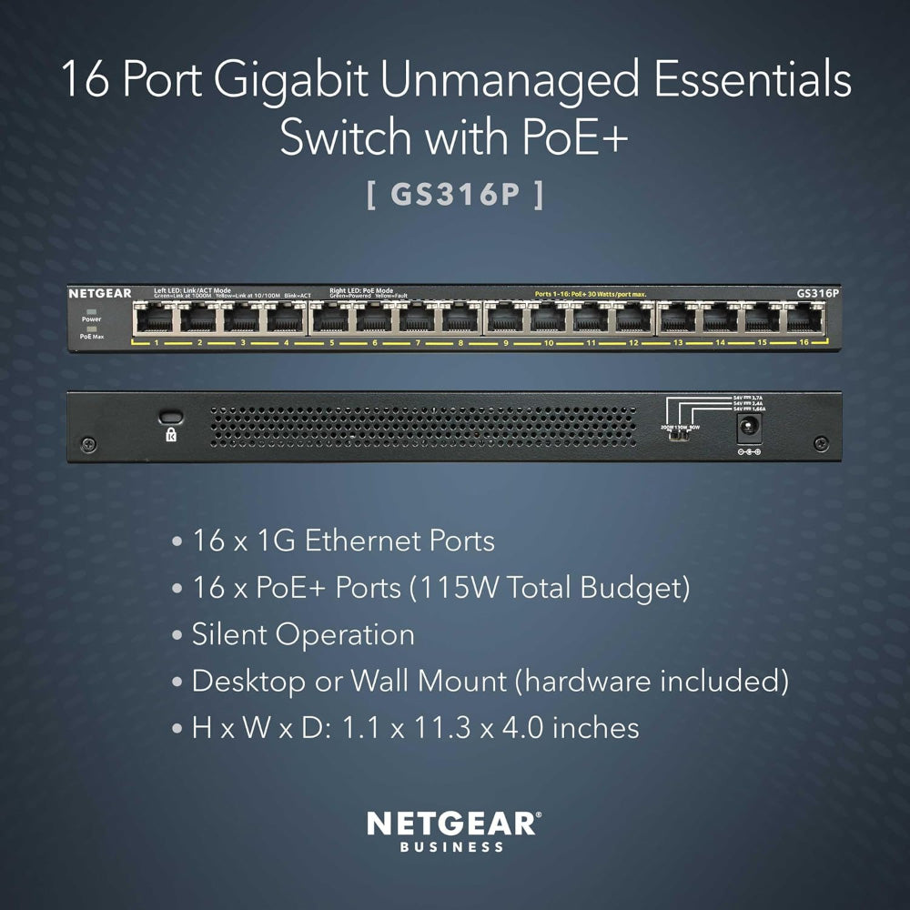NETGEAR GS316P 16-Port Gigabit Ethernet Unmanaged PoE+ Switch (115W)