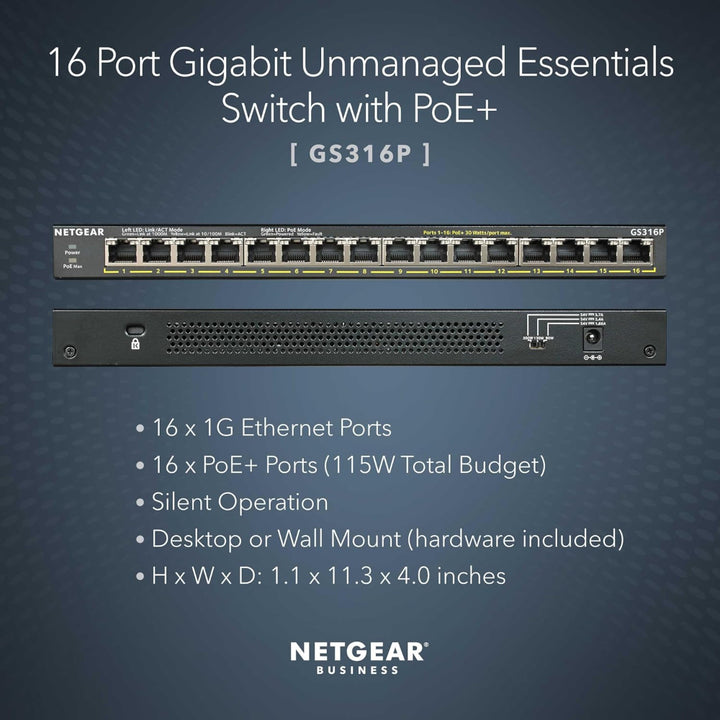 NETGEAR GS316P 16-Port Gigabit Ethernet Unmanaged PoE+ Switch (115W)