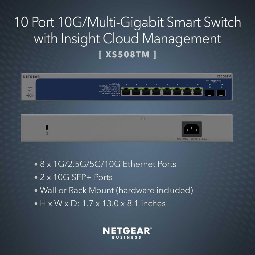 NETGEAR XS508TM 8-Port 10G/Multi-Gigabit Ethernet Smart Switch with 2 10G SFP+ Ports