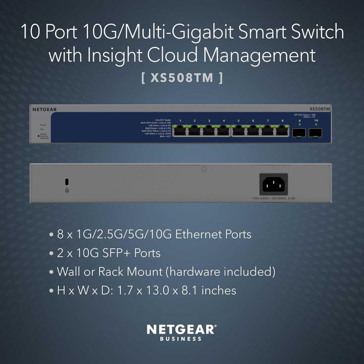 NETGEAR XS508TM 8-Port 10G/Multi-Gigabit Ethernet Smart Switch with 2 10G SFP+ Ports