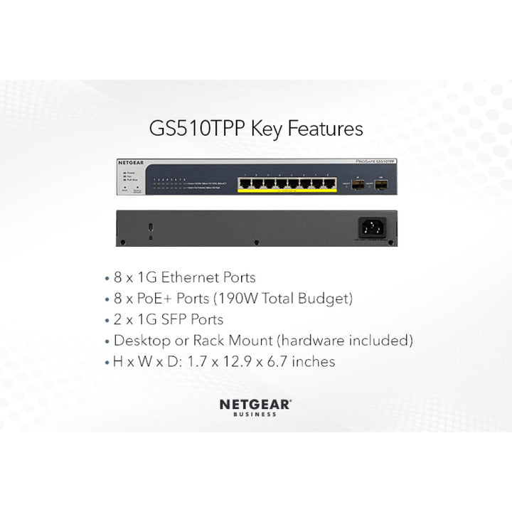 NETGEAR GS510TPP 8-Port Gigabit Ethernet High-Power PoE+ Smart Switch with 2 Dedicated SFP Ports (190W)