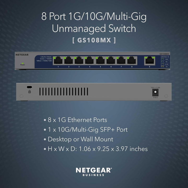 NETGEAR GS108MX 8-Port Gigabit Ethernet Unmanaged Switch with 1 dedicated 10G/Multi-Gig Port