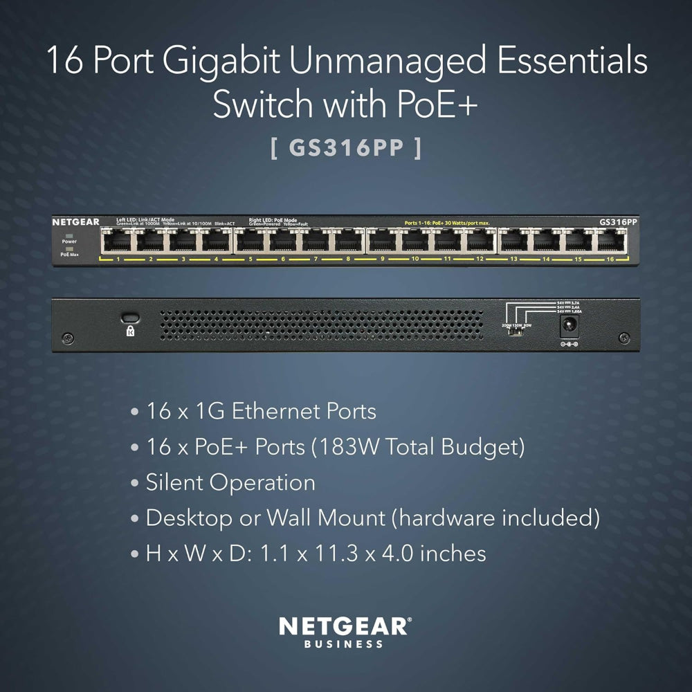 NETGEAR GS316PP 16-Port Gigabit Ethernet Unmanaged PoE+ Switch (183W)