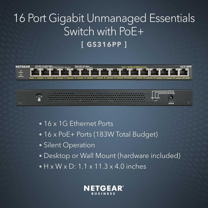 NETGEAR GS316PP 16-Port Gigabit Ethernet Unmanaged PoE+ Switch (183W)