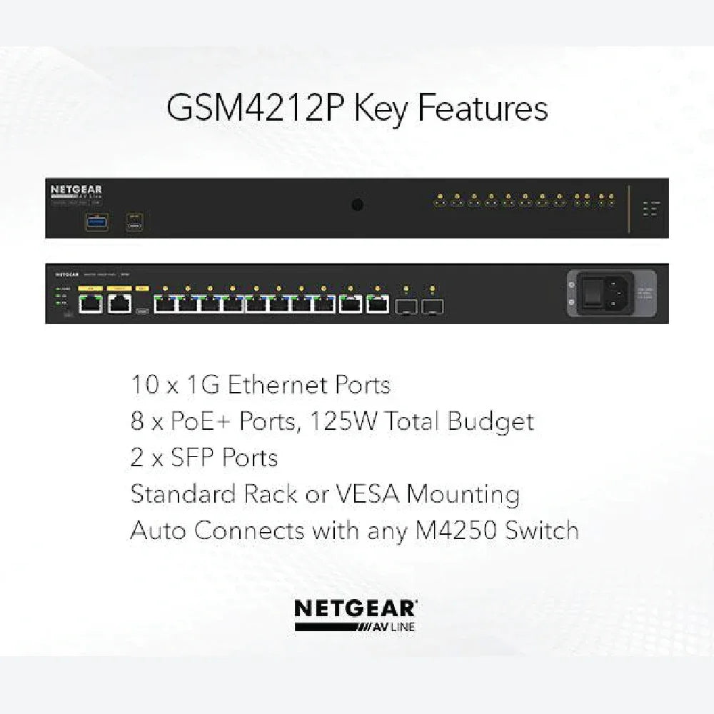 NETGEAR GSM4212P AV Line M4250-10G2F-PoE+  8x1G PoE+ 125W 2x1G and 2xSFP Managed Switch