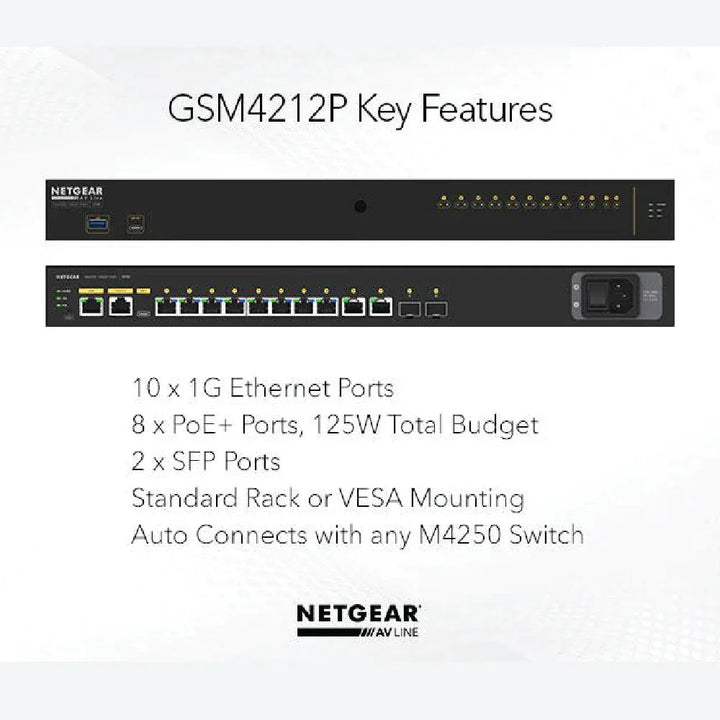 NETGEAR GSM4212P AV Line M4250-10G2F-PoE+  8x1G PoE+ 125W 2x1G and 2xSFP Managed Switch