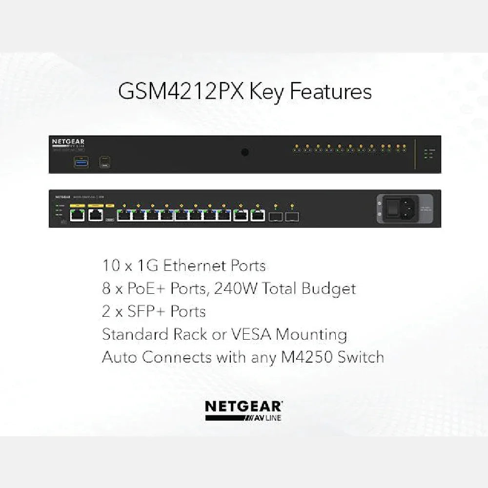 NETGEAR GSM4212PX AV Line M4250-10G2XF-PoE+ 8x1G PoE+ 240W 2x1G and 2xSFP+ Managed Switch