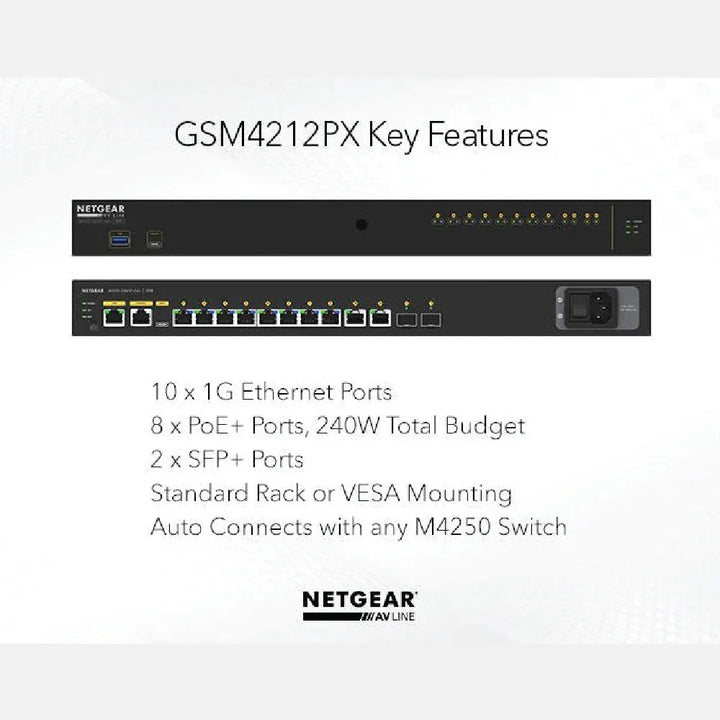 NETGEAR GSM4212PX AV Line M4250-10G2XF-PoE+ 8x1G PoE+ 240W 2x1G and 2xSFP+ Managed Switch