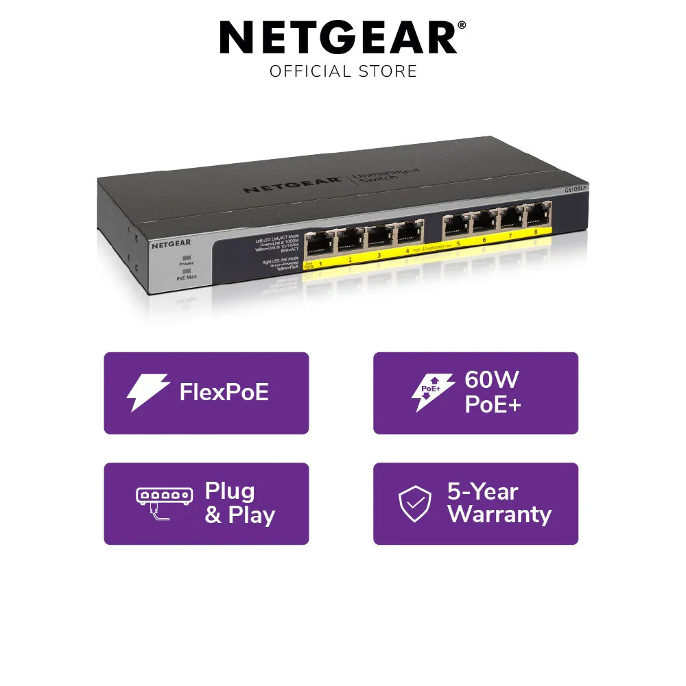 NETGEAR GS108LP 8-Port Gigabit Unmanaged PoE+ Switch with FlexPoE (60W)