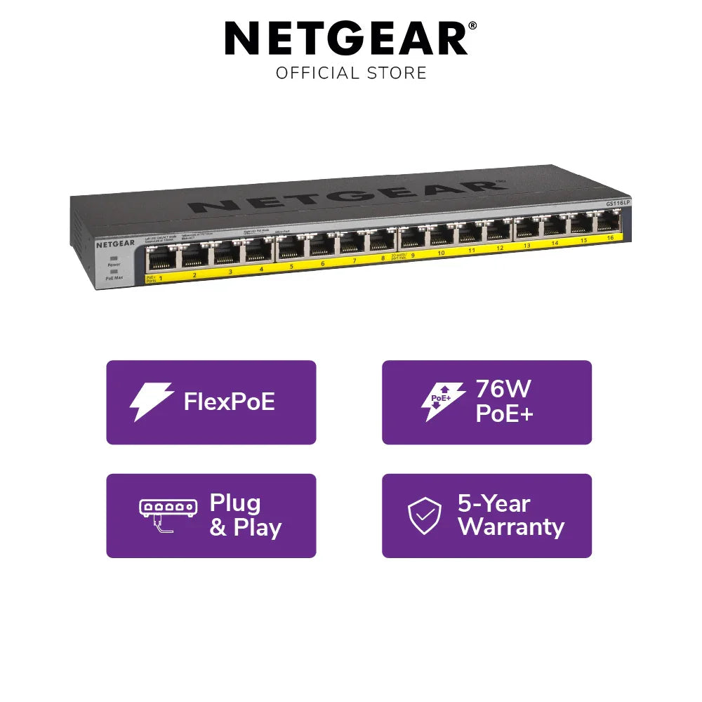 NETGEAR GS116LP 16-Port Gigabit Unmanaged PoE+ Switch with FlexPoE (76W)