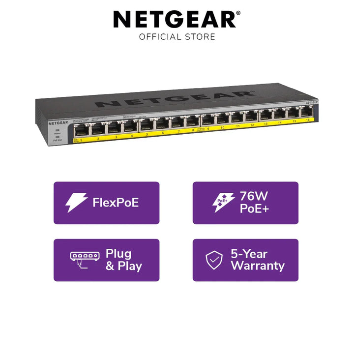 NETGEAR GS116LP 16-Port Gigabit Unmanaged PoE+ Switch with FlexPoE (76W)