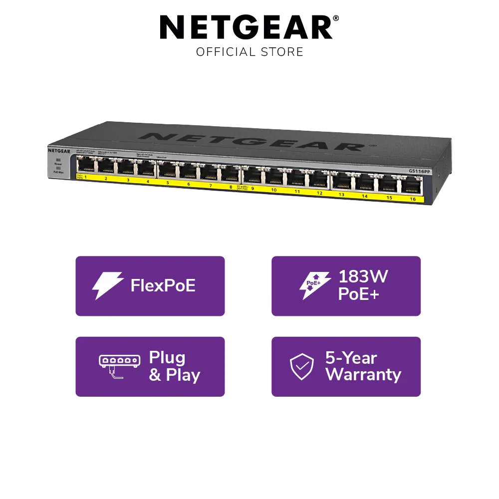NETGEAR GS116PP 16-Port Gigabit Unmanaged High-Power PoE+ Switch with FlexPoE (183W)