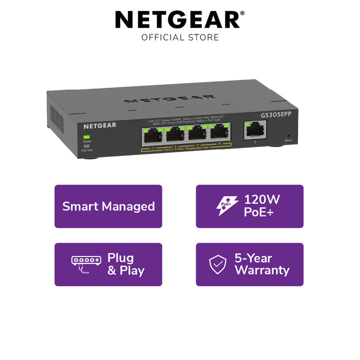 NETGEAR GS305EPP 5-Port PoE+ Gigabit Managed Desktop Switch (120W)