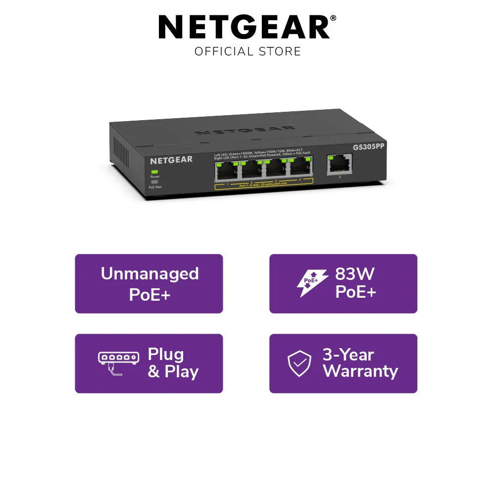 NETGEAR GS305PP 5-Port Gigabit Unmanaged PoE+ Desktop Switch (83W)