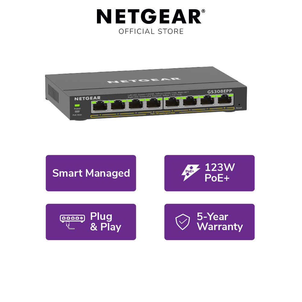 NETGEAR GS308EPP 8-Port PoE+ Gigabit Managed Desktop Switch (123W)