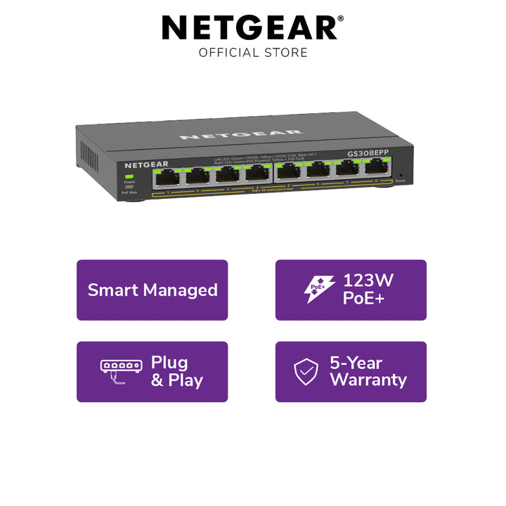 NETGEAR GS308EPP 8-Port PoE+ Gigabit Managed Desktop Switch (123W)