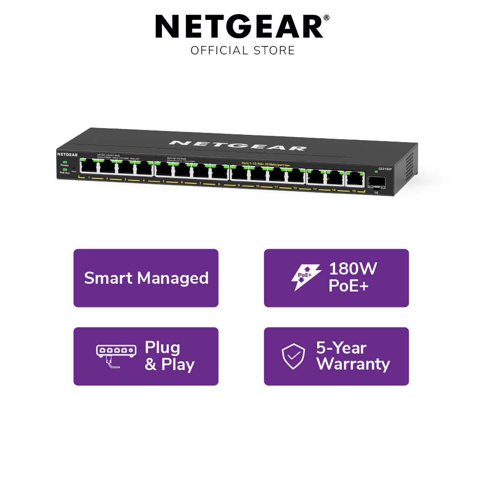 NETGEAR GS316EP 16-Port PoE+ Gigabit Managed Desktop Switch (180W