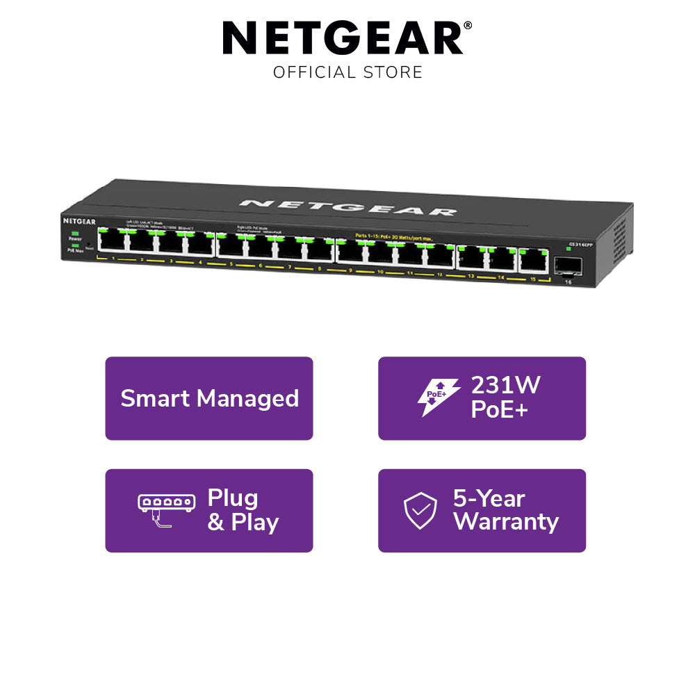 NETGEAR GS316EPP 16-Port PoE+ Gigabit Managed Desktop Switch (231W)