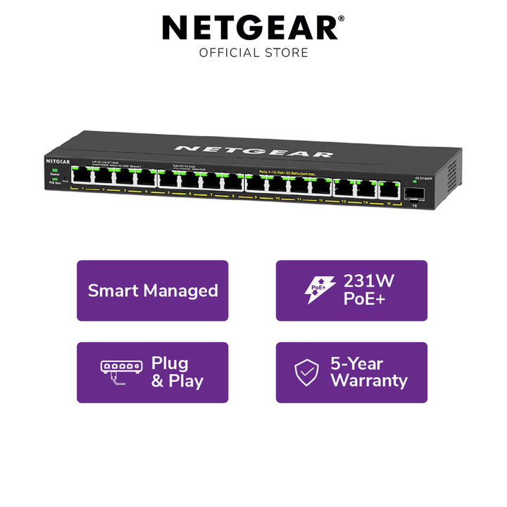 NETGEAR GS316EPP 16-Port PoE+ Gigabit Managed Desktop Switch (231W)