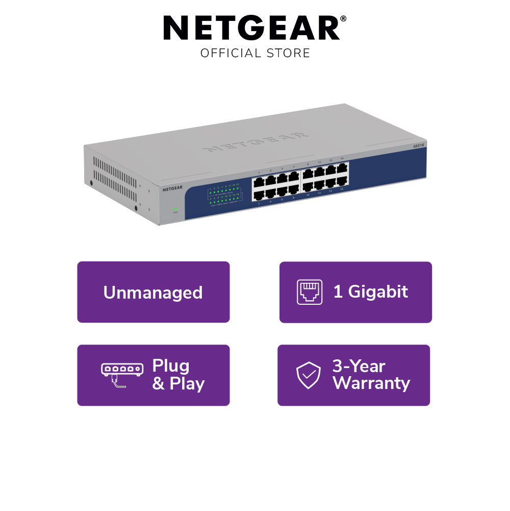 NETGEAR GS516 16-Port Gigabit Unmanaged Desktop / Rack Mount Switch