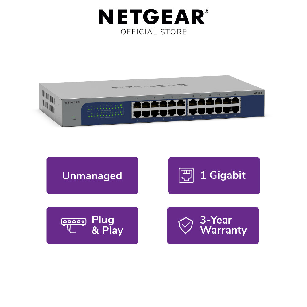 NETGEAR GS524 24-Port Gigabit Unmanaged Desktop / Rack Mount Switch