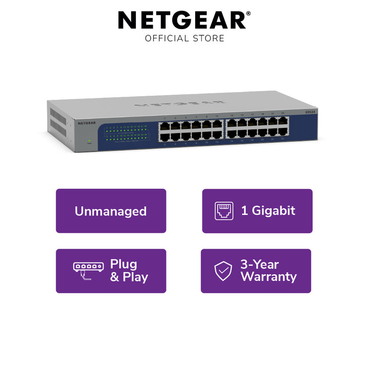 NETGEAR GS524 24-Port Gigabit Unmanaged Desktop / Rack Mount Switch