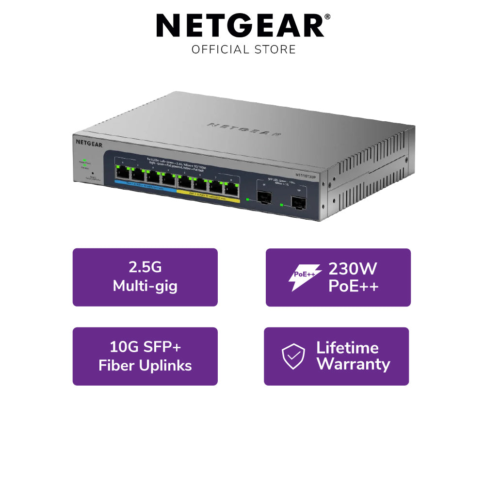 NETGEAR MS110TXUP 8-Port Ultra60 PoE++ Multi-Gigabit Smart Managed Switch with 2 10G SFP+ Ports