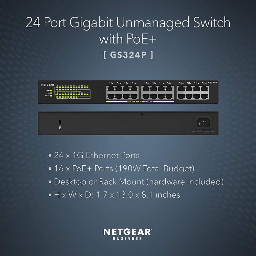 NETGEAR GS324P 24-Port Gigabit Ethernet Unmanaged PoE+ Switch with 16-Ports PoE+ (190W)