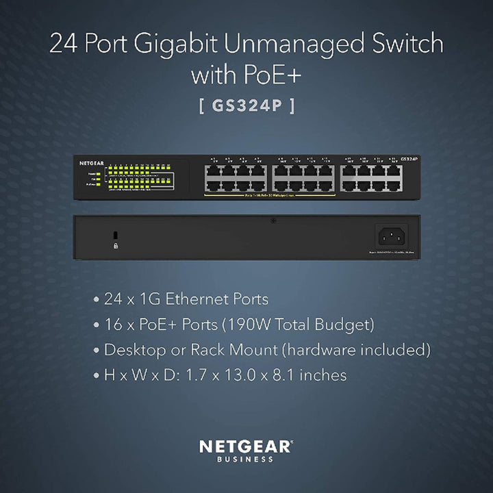 NETGEAR GS324P 24-Port Gigabit Ethernet Unmanaged PoE+ Switch with 16-Ports PoE+ (190W)