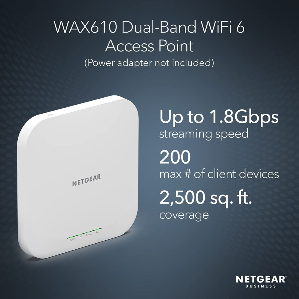 Netgear WAX610 Cloud Managed Wireless Access Point - WiFi 6 Dual-Band AX1800