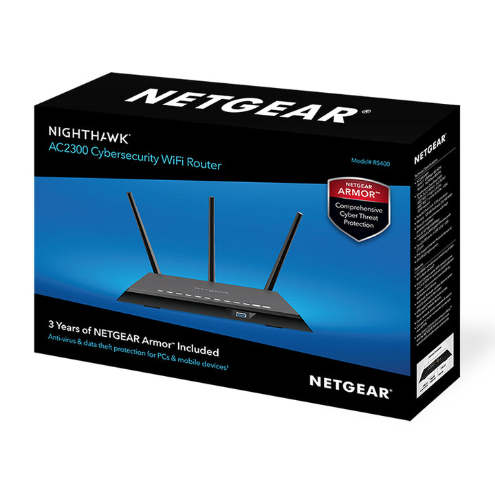 NETGEAR Nighthawk Cybersecurity Smart WiFi Router (RS400) - AC2300 Wireless Speed (up to 2300 Mbps) | 4 x 1G Ethernet and 2 USB Ports | Includes 3 Years of Armor Security