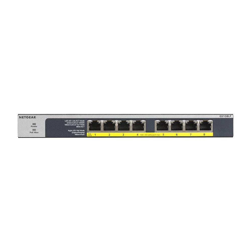 NETGEAR GS108LP（8ポート ギガビット PoE+ スイッチ） NETGEAR GS108LP 8-Port Gigabit Unmanaged PoE+ Switch with FlexPoE